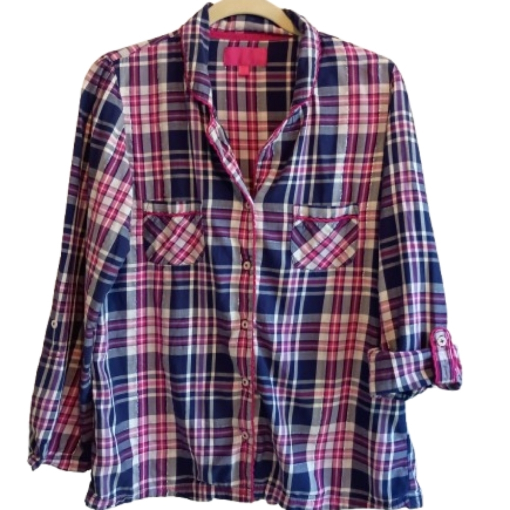 Victoria's Secret Pink Blue Plaid Roll Tab Sleeve Lounge Sleep Shirt‎ Cotton...